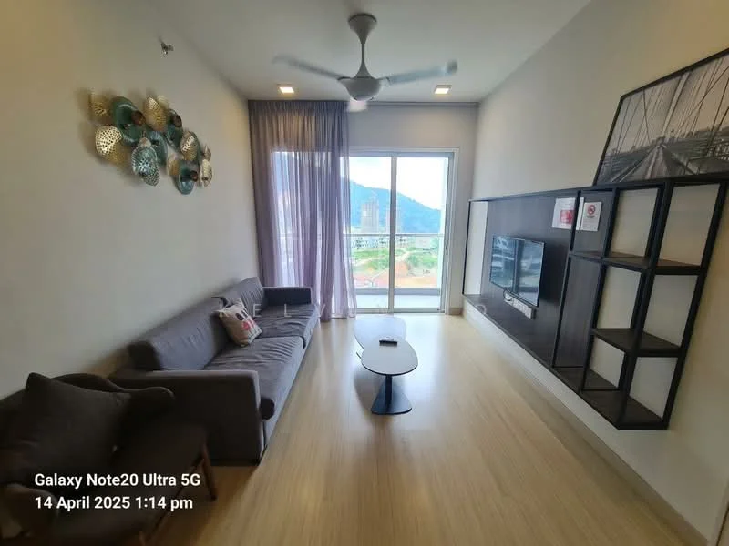 Living features: 3-seater fabric sofa in grey, coffee table, wall-mounted TV, TV console, floor-to-ceiling windows, curtains, light wood flooring, ceiling fan, decorative wall art, mountain view; style: modern; view: mountain.