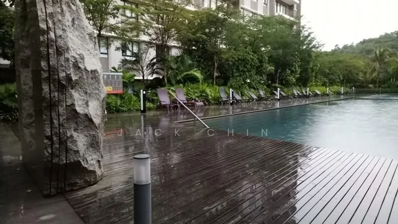 Exterior type: swimming pool deck; features: infinity pool, wooden deck, poolside loungers, landscaped greenery, rock feature, outdoor lighting, surrounding trees; style: modern.