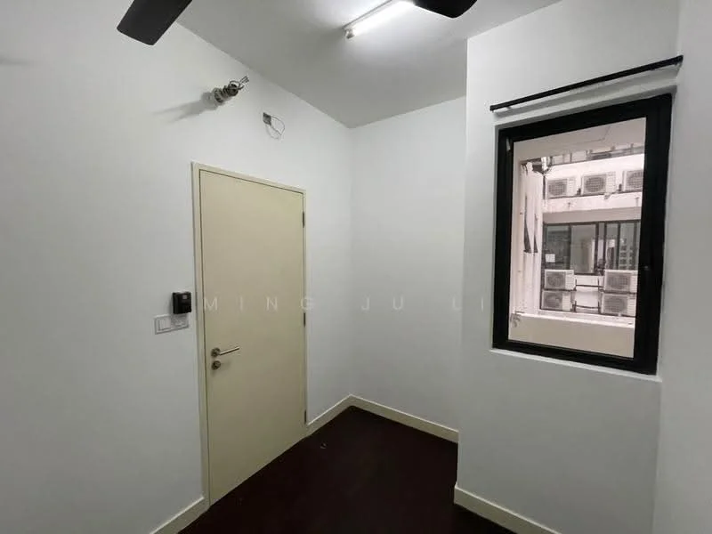 Room features: white painted walls, dark wood flooring, single door, window with black frame, ceiling fan, air conditioning units visible outside the window.