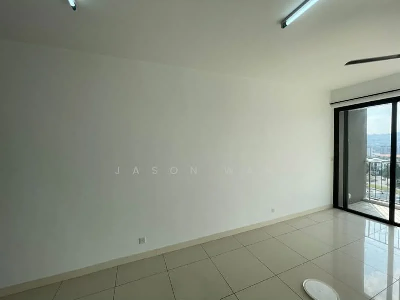 Room features: white painted walls, tile flooring, floor-to-ceiling windows, sliding glass door, ceiling fan, neutral color scheme, balcony access, city view; style: modern; view: city.