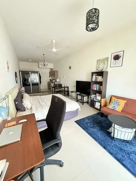 Living features: queen-size bed with white bedding, sofa in orange fabric, coffee table with metallic base, area rug in blue, wall-mounted TV, black bookshelf with books, desk with laptop and lamp, ceiling fan, recessed downlights, white painted walls, tile flooring; style: modern.