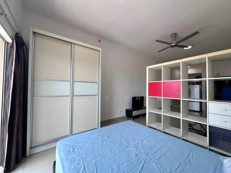 Bedroom features: queen-size bed with blue bedding, sliding wardrobe with frosted glass panels, ceiling fan, floor-to-ceiling window with curtains, light-colored tiled flooring, open shelving unit with red and white accents, wall-mounted TV, neutral painted walls; style: modern.
