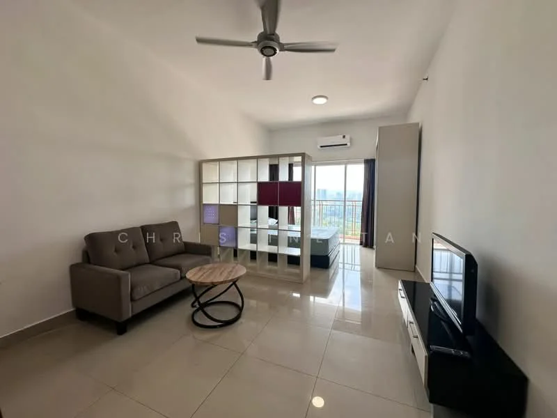 Living features: 3-seater fabric sofa in grey, round wooden coffee table, TV console, wall-mounted TV, floor-to-ceiling windows, curtains, ceiling fan, marble tile flooring, white painted walls, decorative shelving unit; style: modern; view: city.