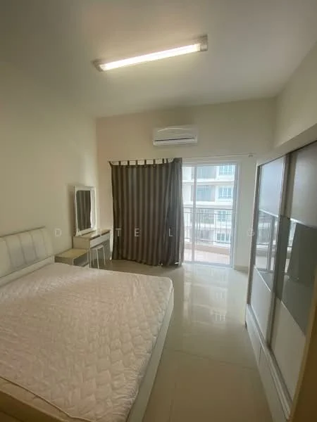 Bedroom features: queen-size bed, upholstered headboard, built-in wardrobe with sliding doors, floor-to-ceiling windows, curtains with horizontal stripes, wall-mounted split AC, light-colored walls, glossy tile flooring, ceiling light fixture; style: modern; view: city.