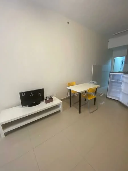 Living features: white painted walls, tile flooring, TV on white console, yellow dining chairs, white dining table, refrigerator, open layout, natural light from adjacent room; style: modern.