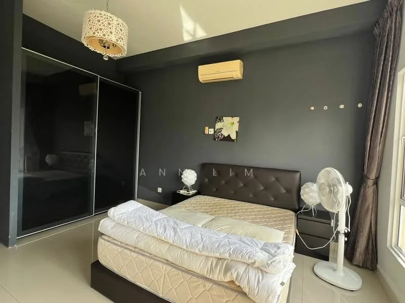 Bedroom features: dark grey painted walls, cream ceiling, queen-size bed with upholstered headboard, built-in wardrobe with mirrored doors, floor-to-ceiling window with sheer curtains, 1 wall-mounted split AC, ceiling light fixture, fan, tile flooring; style: modern.