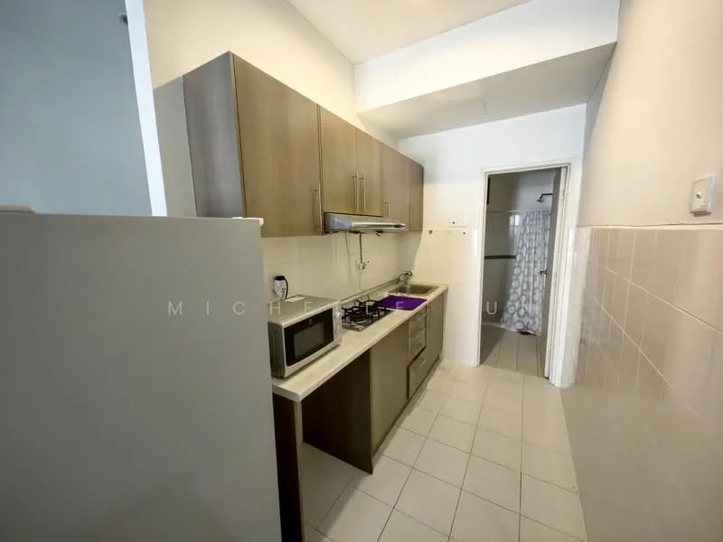 Kitchen features: brown wooden cabinetry, white countertop, stainless-steel sink, chrome pull-down faucet, 4-burner gas hob, built-in oven, microwave, tile flooring, white tiled backsplash, refrigerator, exhaust hood, wall-mounted cabinets; style: modern.
