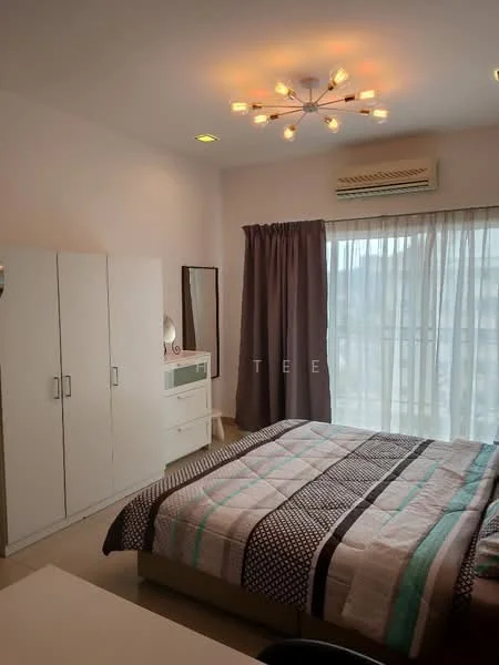 Bedroom features: queen-size bed with patterned bedding, upholstered headboard, 2 bedside tables, built-in wardrobe with sliding doors, dressing table with mirror, floor-to-ceiling windows, sheer curtains, air conditioning unit, recessed downlights, chandelier with multiple bulbs, light-colored walls, neutral-colored flooring; style: modern; view: city.