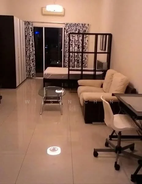 Living features: cream fabric sofa, glass coffee table, study desk with chair, wooden wardrobe, bed frame without mattress, floor-to-ceiling window, curtains with floral pattern, wall-mounted air conditioning unit, polished tile flooring, recessed ceiling lights; style: modern.