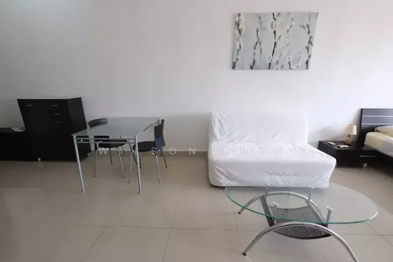 Living features: white sofa bed, glass coffee table, 4-seater dining table with chairs, dark wood cabinet, cream painted walls, glossy tile flooring, decorative wall art; style: modern.