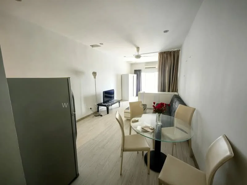 Living features: white painted walls, light wood flooring, 5-blade ceiling fan, sofa, coffee table, TV console, wall-mounted TV, floor-to-ceiling windows, curtains, dining table with glass top, 4 dining chairs, refrigerator; style: modern.