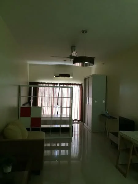 Living features: cream painted walls, glossy tile flooring, 5-blade ceiling fan with light, floor-to-ceiling windows with sheer curtains, sofa in beige, coffee table, built-in wardrobe, TV console, decorative wall partition, natural light from windows; style: modern.