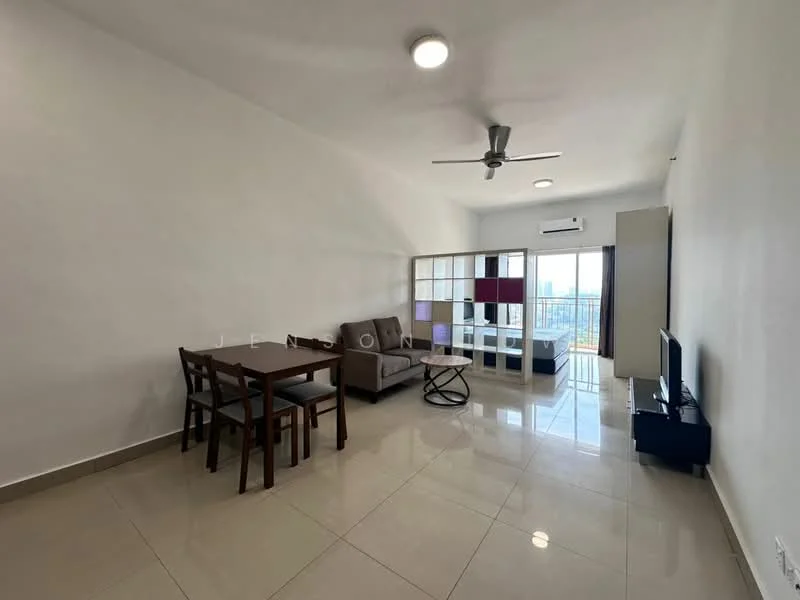 Living features: light grey painted walls, white ceiling, recessed downlights, 5-blade ceiling fan, large window with city view, sliding glass door, cream tiled flooring, 2-seater fabric sofa in grey, coffee table, TV console, wall-mounted TV, dining table with 4 chairs, decorative shelving unit; style: modern; view: city.