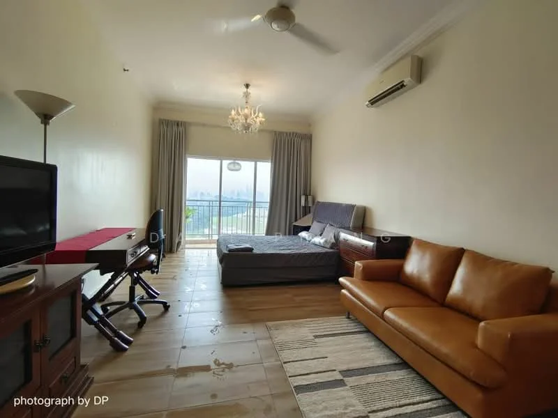 Living features: 3-seater leather sofa in brown, wooden coffee table, TV console, wall-mounted TV, desk with chair, ceiling fan, recessed downlights, sliding glass door, floor-to-ceiling windows, curtains, area rug with geometric pattern, laminate flooring, air conditioning unit; style: modern; view: city.