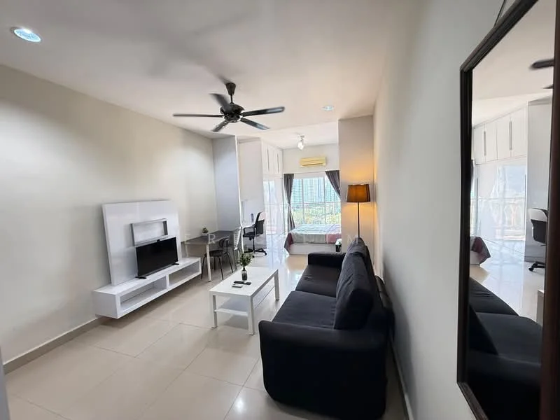 Living features: 3-seater fabric sofa in black, coffee table, TV console, wall-mounted TV, ceiling fan, recessed downlights, laminate flooring, white painted walls, decorative mirror, floor-to-ceiling windows with curtains, area rug; style: modern; view: garden.