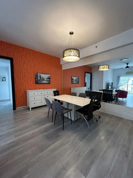Dining features: white dining table, 6 dining chairs, orange accent wall, grey laminate flooring, chandelier light fixture, framed artwork on wall, large mirror on one wall, open layout to living area; style: modern.