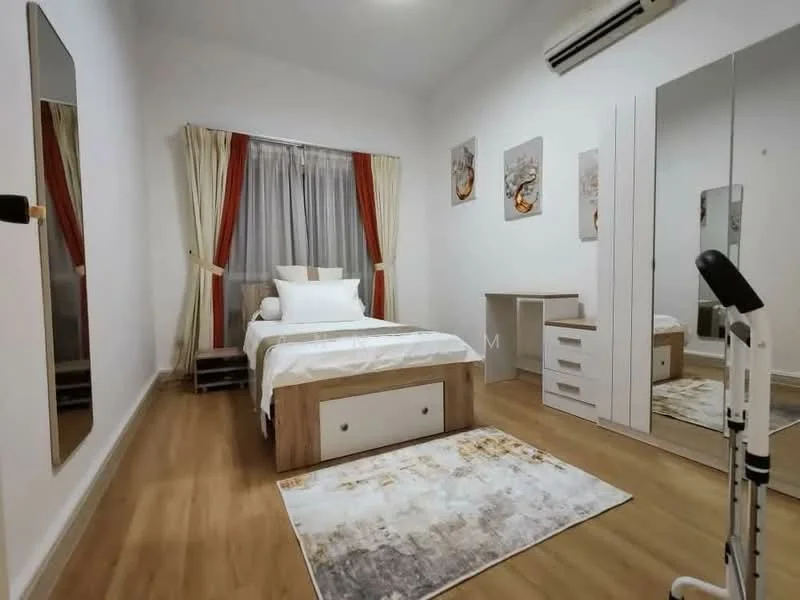 Bedroom features: single bed with storage drawers, white bedding, wooden bedside table, full-length mirror, white wardrobe with sliding doors, wooden flooring, decorative wall art, curtains with red accents, air conditioning unit; style: modern.