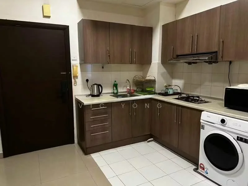 Kitchen features: brown wooden cabinetry, white tiled backsplash, stainless-steel sink, chrome pull-down faucet, 4-burner gas hob, built-in oven, microwave, white front-load washing machine, kettle, dish drying rack, countertop space, tile flooring, wall-mounted range hood; style: modern.