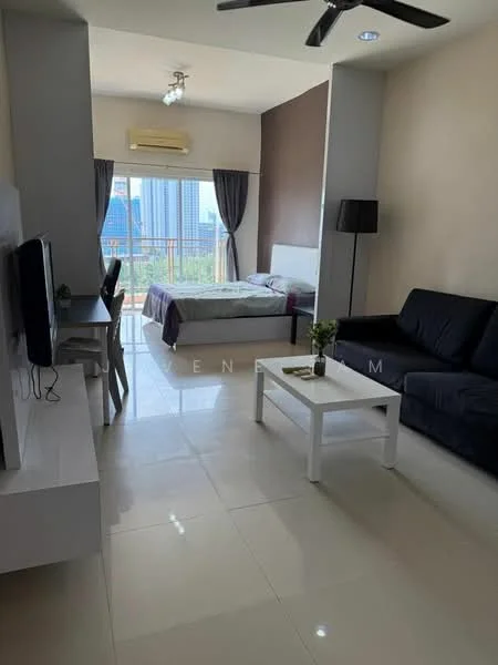 Living features: 3-seater fabric sofa in navy blue, white coffee table, wall-mounted TV, TV console, floor lamp, ceiling fan, recessed downlights, large window with sheer curtains, white tiled flooring, decorative wall with dark brown accent, dining table for two, balcony access with city view; style: modern; view: city. Bedroom features: queen-size bed with white bedding, bedside table, lamp on bedside table, window with curtains, built-in wardrobe, white walls, grey accent wall; style: modern; view: city.