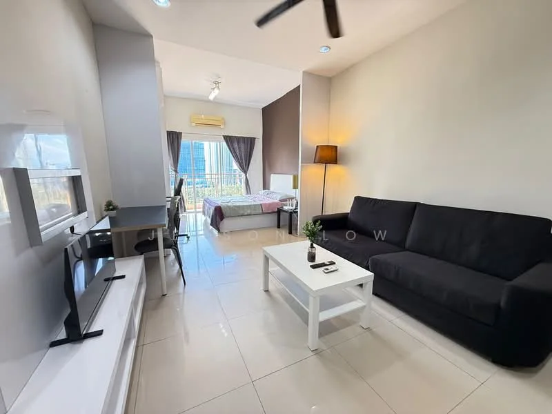 Living features: black fabric sofa, white coffee table, wall-mounted TV, TV console, recessed downlights, ceiling fan, large window with city view, tile flooring, decorative lamp, study desk with chair; style: modern; view: city. Bedroom features: queen-size bed, bedding with decorative pillows, bedside lamp, curtains, air conditioning unit; style: modern; view: city.