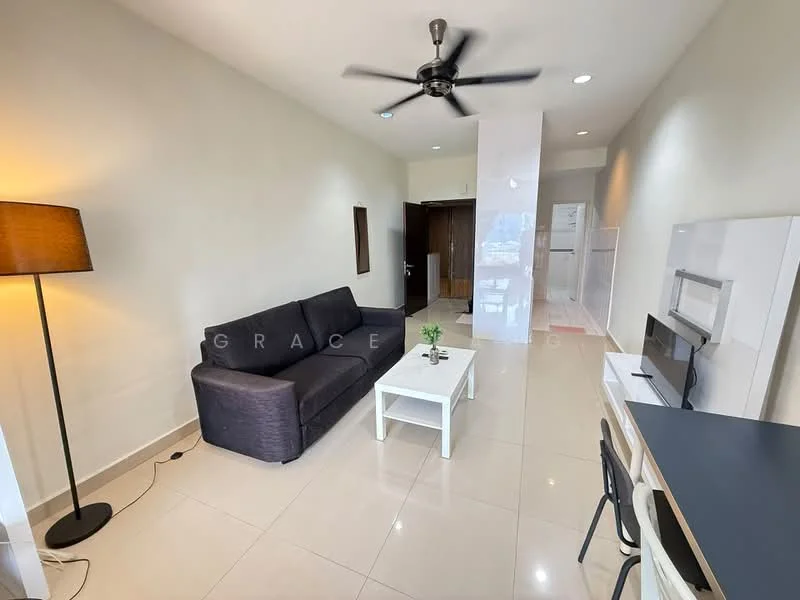 Living features: 3-seater fabric sofa in dark grey, white coffee table, floor lamp with shade, ceiling fan with light, wall-mounted TV console, white wall, glossy tile flooring, decorative plant on table, study desk with chair; style: modern.