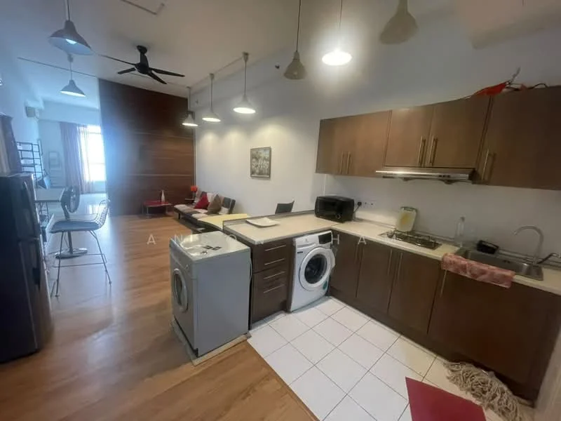 Kitchen features: brown wooden cabinetry, white tiled backsplash, stainless-steel sink, chrome pull-down faucet, built-in oven, freestanding range oven, microwave, stainless-steel fridge, washer-dryer combo, white countertop, pendant lighting, recessed downlights, open shelving; style: modern. Living features: 3-seater fabric sofa in grey, red accent cushions, coffee table, TV console, wall-mounted TV, ceiling fan, area rug; style: modern.