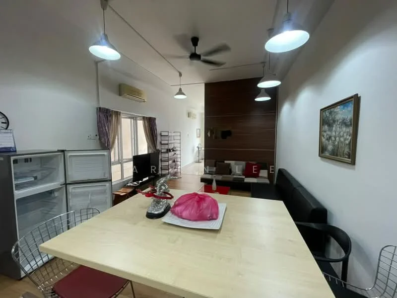 Living features: light wood flooring, white painted walls, ceiling fan, recessed downlights, sofa in black, dining table with light wood top, metal dining chairs, framed artwork on wall, large window with sheer curtains, air conditioning unit, decorative bowl on table, pink decorative item on table; style: modern; view: city.
