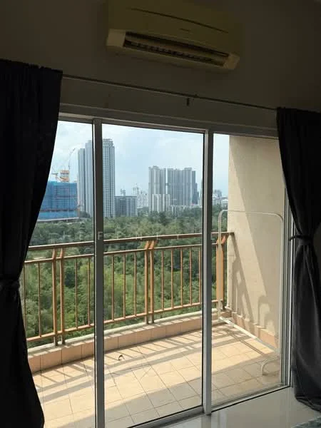 Room features: floor-to-ceiling sliding glass door, curtains, balcony with railing, tile flooring, view of city skyline, air conditioning unit; view: city.