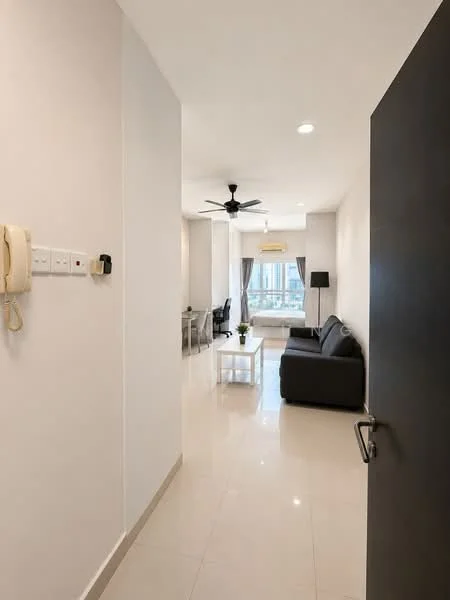 Living features: grey fabric sofa, white coffee table, floor lamp, ceiling fan, recessed downlights, large window with sheer curtains, light-colored walls, glossy tile flooring; style: modern; view: city. Room features: white painted walls, doorway leading to another room, intercom system.