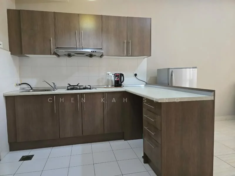 Kitchen features: brown wooden cabinetry, white countertop, stainless-steel sink, chrome pull-down faucet, 4-burner gas hob, built-in oven, white fridge, tile backsplash, white tiled flooring, exhaust hood, kitchen island with storage; style: modern.