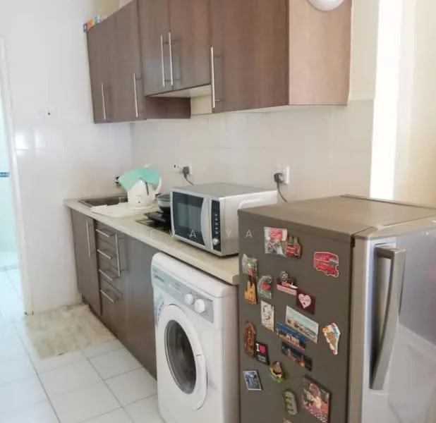 Kitchen features: brown wooden cabinetry, white tiled backsplash, stainless-steel sink, chrome faucet, built-in microwave, freestanding washing machine, stainless-steel fridge, countertop space, white tiled flooring, wall-mounted light fixture; style: modern.