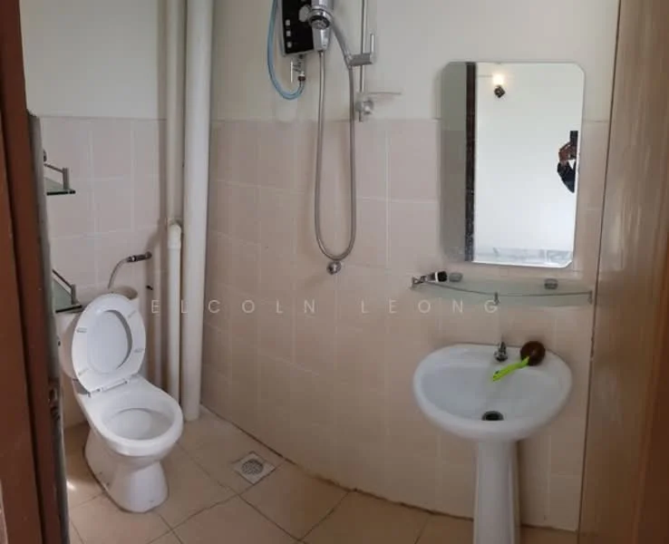 Bathroom features: white ceramic toilet, single-sink pedestal basin, chrome basin mixer faucet, shower with wall-mounted showerhead, tiled walls in light color, ceramic tile flooring, mirror above sink, glass shelf, exposed plumbing, light fixture on ceiling.