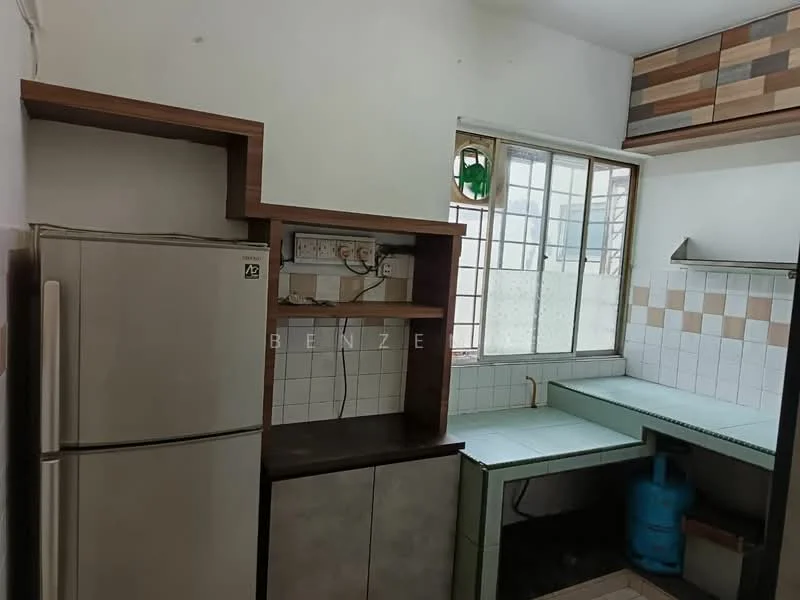 Kitchen features: white tiled walls, light green countertop, wooden cabinetry, stainless-steel fridge, window with grid pattern, built-in shelf, gas stove, tile flooring, blue gas cylinder; style: modern.