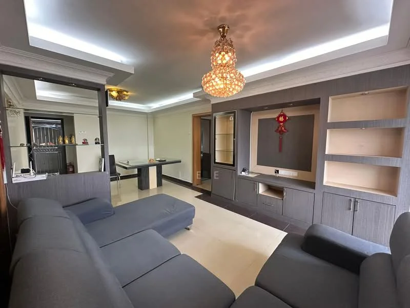 Living features: L-shape sectional sofa in grey, chandelier with crystal details, recessed downlights, cream tiled flooring, feature wall with built-in shelves, wall-mounted TV console, decorative wall with red lantern, open layout to dining area, neutral wall colour, crown moulding; style: modern.