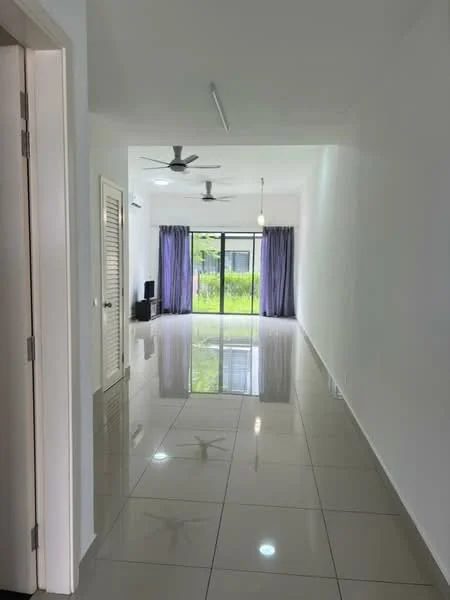 Living features: glossy tile flooring, white painted walls, 5-blade ceiling fan with light, recessed downlights, sliding glass door, floor-to-ceiling windows, purple sheer curtains, TV console, wall-mounted TV, area rug; style: modern; view: garden.