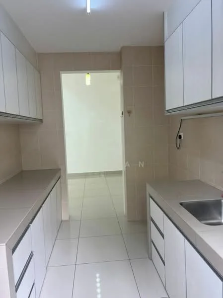 Kitchen features: white cabinetry, grey countertops, stainless-steel sink, single-bowl sink, ceramic tile flooring, white tiled walls, recessed ceiling lights, built-in cabinets, open layout, doorway leading to another room; style: modern.