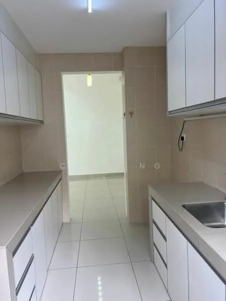 Kitchen features: white cabinetry, stainless-steel sink, chrome faucet, white tiled walls, glossy white floor tiles, under-cabinet lighting, countertop with straight edge, built-in cabinets with handles; style: modern. Room features: white walls, white ceiling, light fixture.