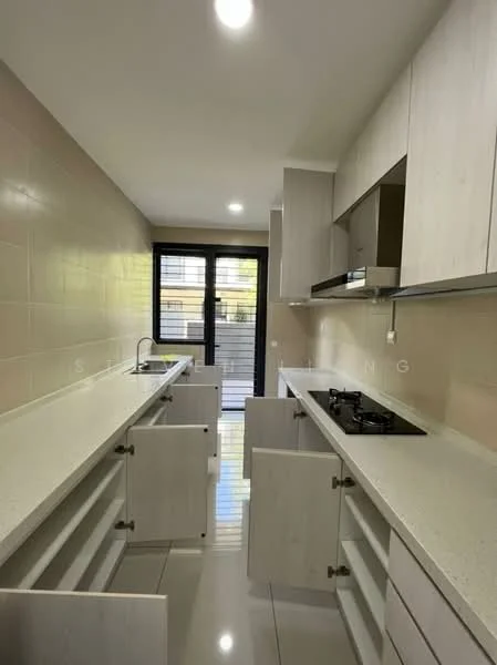 Kitchen features: light wood cabinetry, white quartz countertop, stainless-steel sink, chrome pull-down faucet, built-in gas hob, open shelving, ceramic tile flooring, recessed downlights, sliding glass door, window with grille, neutral wall tiles; style: modern; view: garden.