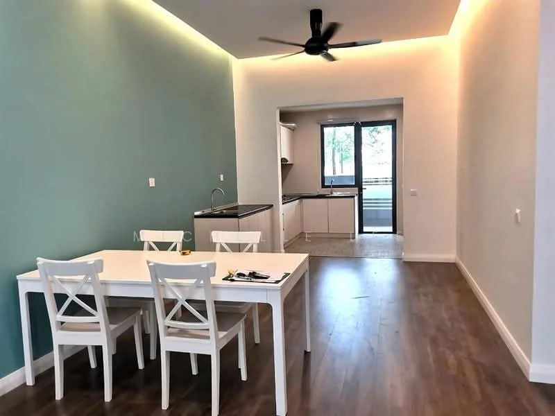 Dining features: white dining table, 4 white dining chairs, light wood flooring, green accent wall, recessed LED downlights, ceiling fan, open layout to kitchen, large window with natural light; style: modern. Kitchen features: black countertop, white cabinetry, built-in kitchen appliances, open layout to dining area; style: modern.
