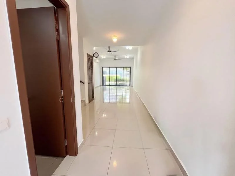 Room features: white painted walls, glossy ceramic tile flooring, recessed downlights, 5-blade ceiling fan, sliding glass door, floor-to-ceiling windows, natural light from windows, open layout; style: modern; view: garden.