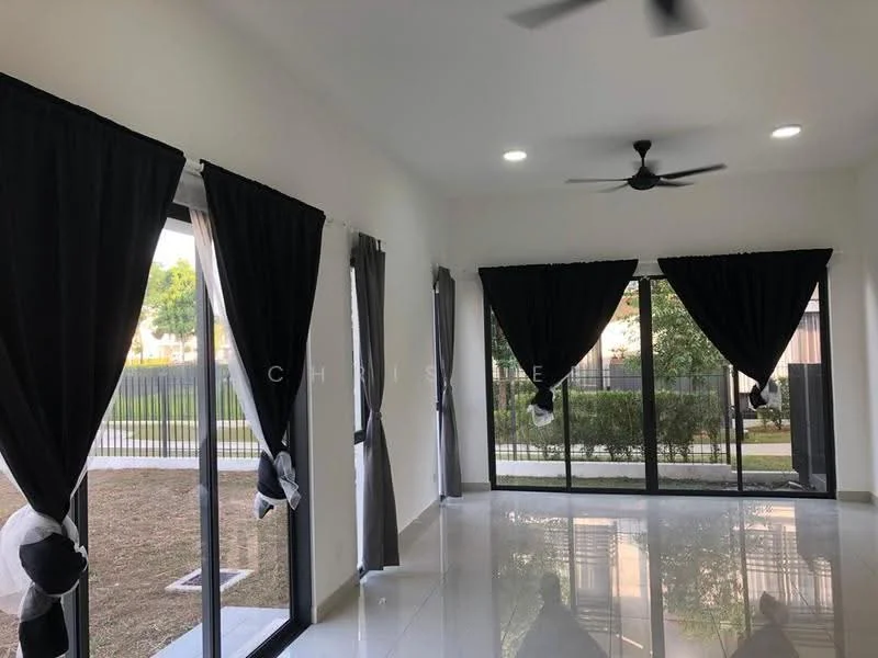 Living features: white painted walls, glossy tile flooring, 5-blade ceiling fan, floor-to-ceiling windows, black curtains, sliding glass doors, view of garden, natural light; style: modern; view: garden.