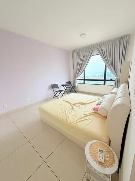 Bedroom features: queen-size bed with yellow bedding, light purple painted walls, floor-to-ceiling window, curtains, tile flooring, small round side table, two black folding chairs, decorative wall light, city view; style: modern; view: city.