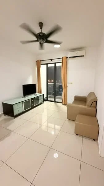 Living features: white painted walls, glossy ceramic tile flooring, 5-blade ceiling fan with light, floor-to-ceiling sliding glass door, curtains, TV console with glass top, wall-mounted TV, beige armchair, recessed ceiling lights, air conditioning unit; style: modern.