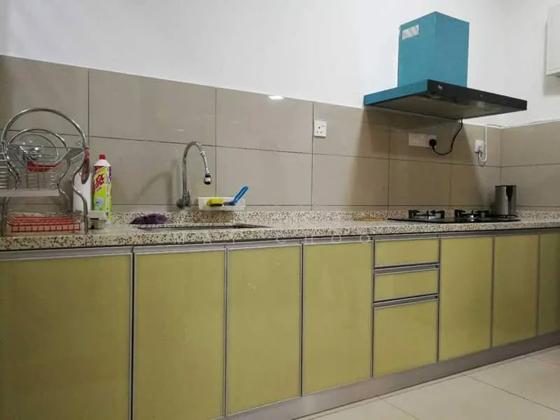 Kitchen features: granite countertop, green cabinetry with metallic finish, built-in gas hob, stainless-steel sink, chrome pull-down faucet, wall-mounted range hood, grey tiled backsplash, ceramic tile flooring, dish rack, cleaning supplies on countertop; style: modern.