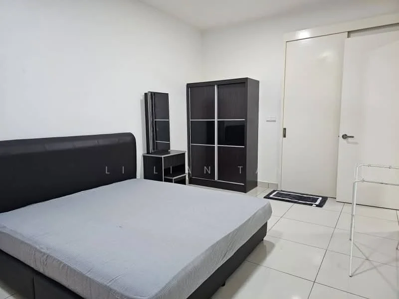 Bedroom features: queen-size bed with grey mattress, black upholstered bed frame, white painted walls, glossy white floor tiles, black wardrobe with glass panels, white door, small area rug, folding drying rack; style: modern.