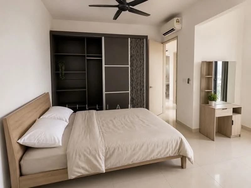 Bedroom features: queen-size bed with beige bedding, wooden bed frame, built-in wardrobe with sliding doors, light-colored walls, cream tiled flooring, ceiling fan, wall-mounted air conditioning unit, dressing table with mirror, small potted plant on dressing table; style: modern.