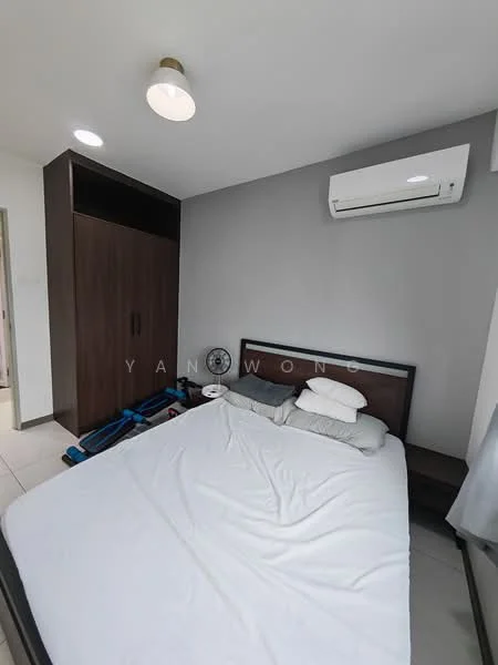 Bedroom features: king-size bed, upholstered headboard, white bedding, wooden bedside table, built-in wardrobe with dark wood finish, wall-mounted air conditioning unit, ceiling light fixture, tile flooring, fan, grey accent wall; style: modern.