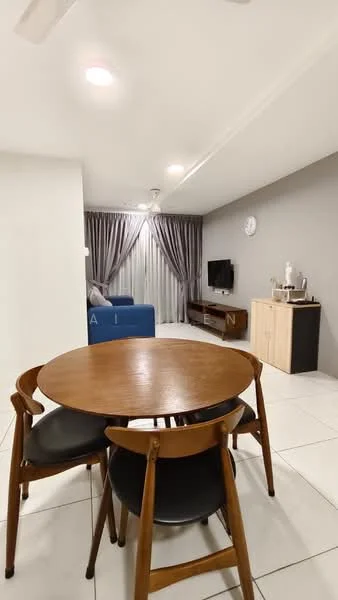 Dining features: round wooden dining table, 3 black upholstered dining chairs, white tiled flooring, grey accent wall, wall-mounted TV, blue fabric sofa, floor-to-ceiling curtains, decorative wall clock, wooden sideboard, recessed downlights; style: modern.