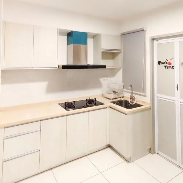 Kitchen features: white cabinetry, laminate countertop, stainless-steel sink, chrome pull-down faucet, built-in gas hob, stainless-steel range hood, tile flooring, window with roller blinds, open shelving, decorative wall sticker; style: modern.