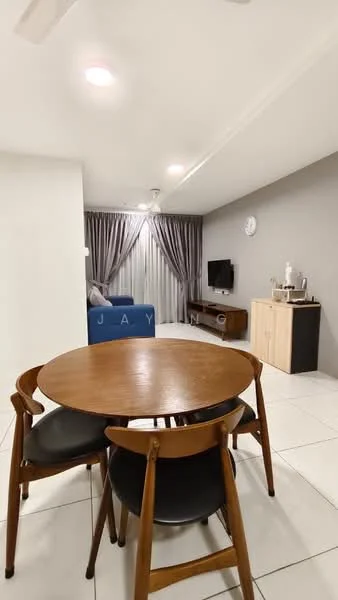 Dining features: round wooden dining table, 4 wooden dining chairs with black seats, white tiled flooring, grey accent wall, wall-mounted TV, sofa in blue fabric, curtains in grey, decorative wall clock, sideboard cabinet in wood, recessed ceiling lights, ceiling fan; style: modern.